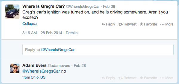 Where is Greg's Car Twitter account via Automatic app